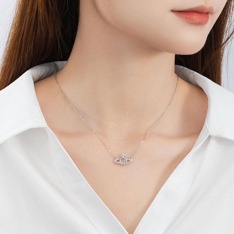Saturn Sterling Silver 925 Chalcedony Necklace Female Niche Design Light Luxury Star Clavicle Chain Ins Style Cross Pendant
