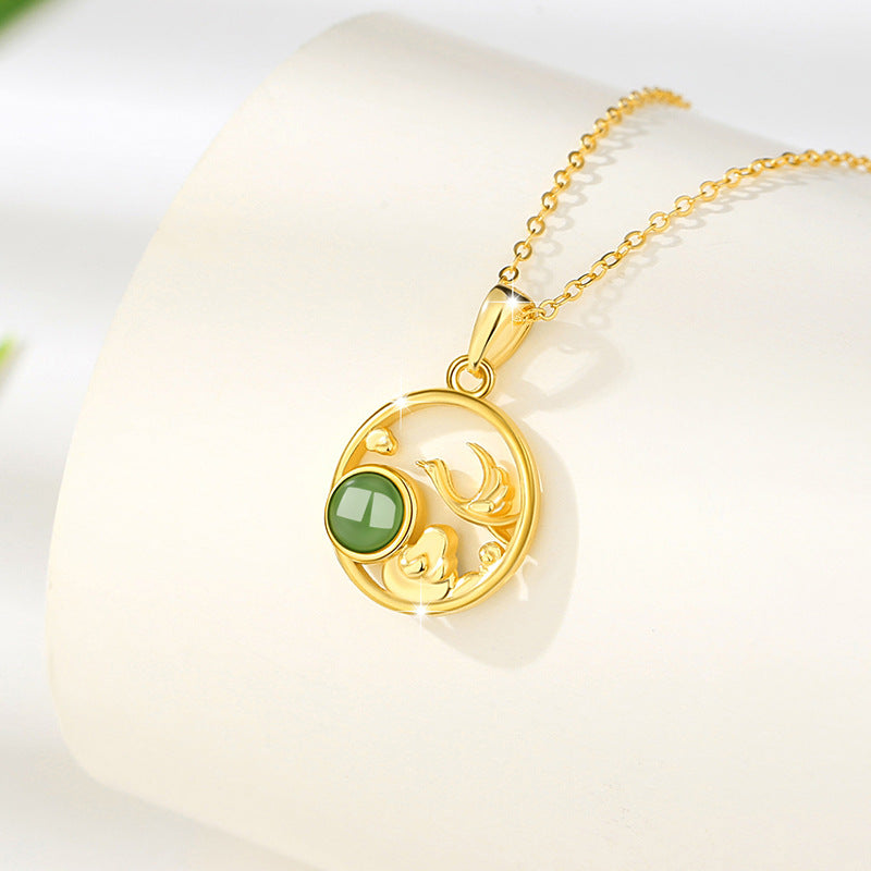 Crane Sterling Silver 925 Hetian Jade Necklace Women's National Fashion Classical Style Auspicious Cloud Clavicle Chain Ins New Chinese Style Pendant