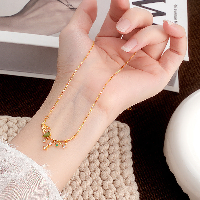New Chinese Style Ancient Style S925 Sterling Silver Necklace Women's High-Grade Versatile Jasper Bamboo Necklace Holiday Gift Accessories Women