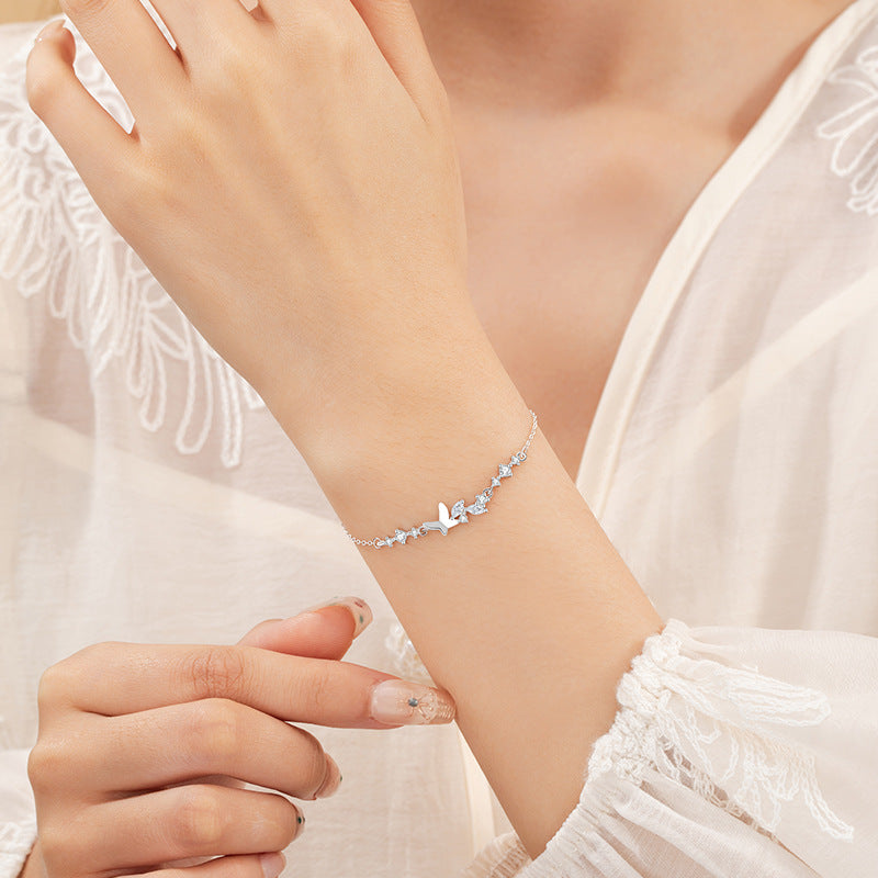 Shining Butterfly Pure Silver 999 Bracelet Female Niche Design Light Luxury Zircon Bracelet Ins Style Gift Star Bracelet
