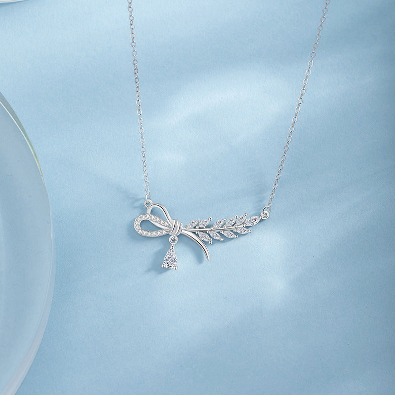 Wheat Ear Sterling Silver 925 Necklace Women's Fashion All-Match Zircon Bow Clavicle Chain Ins Style Laurel Goddess Pendant