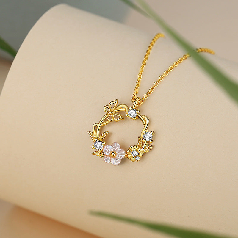 Butterfly Sterling Silver 925 Necklace Female Niche Design Light Luxury Peach Blossom Shell Clavicle Chain Ins Style Cherry Blossom Pendant