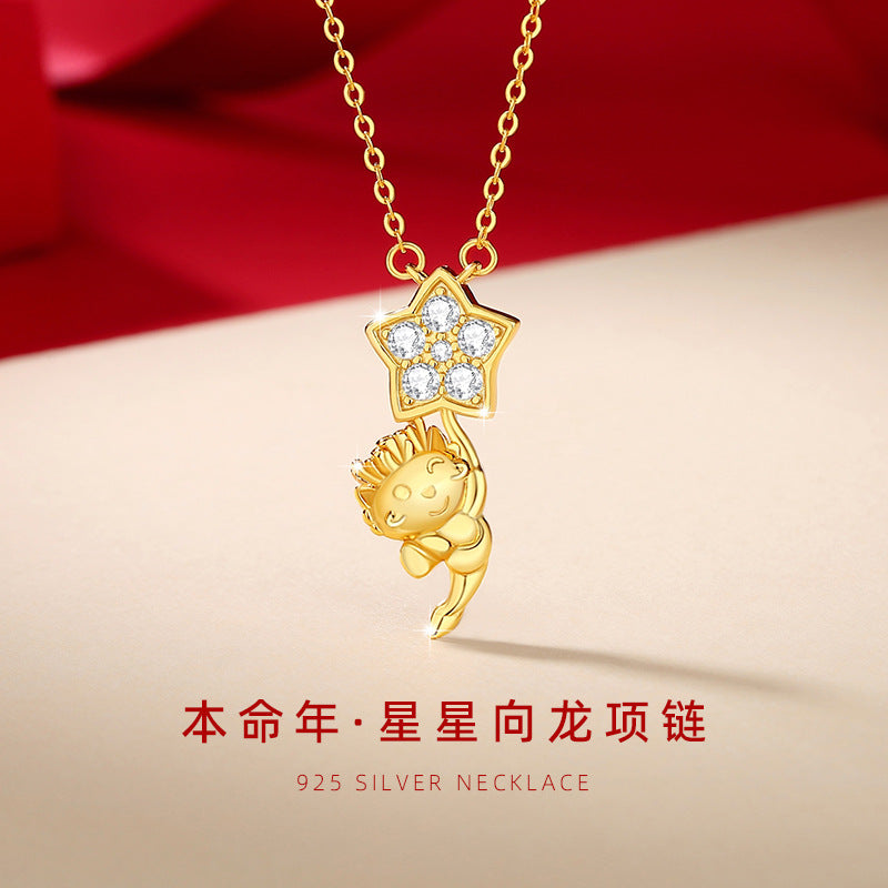 Cute Little Dragon S925 Silver Necklace Female Niche Design Light Luxury Zodiac Star Clavicle Chain Birth Year Pendant