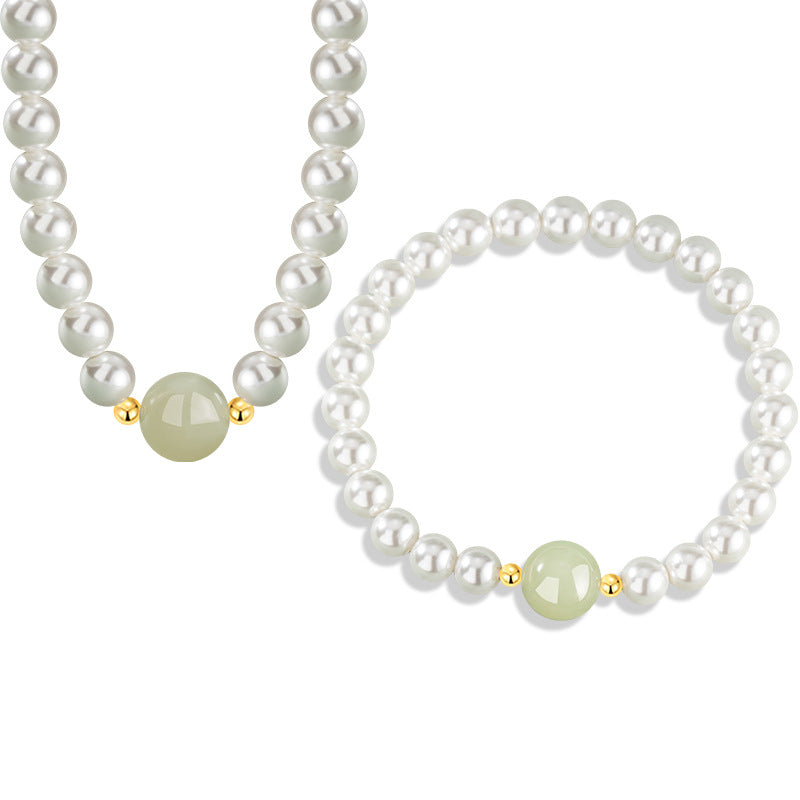 Hetian Jade Sterling Silver 925 Necklace Women's Light Luxury High-Grade Shijia Pearl Clavicle Chain Ins Mother's Day Gift Pendant