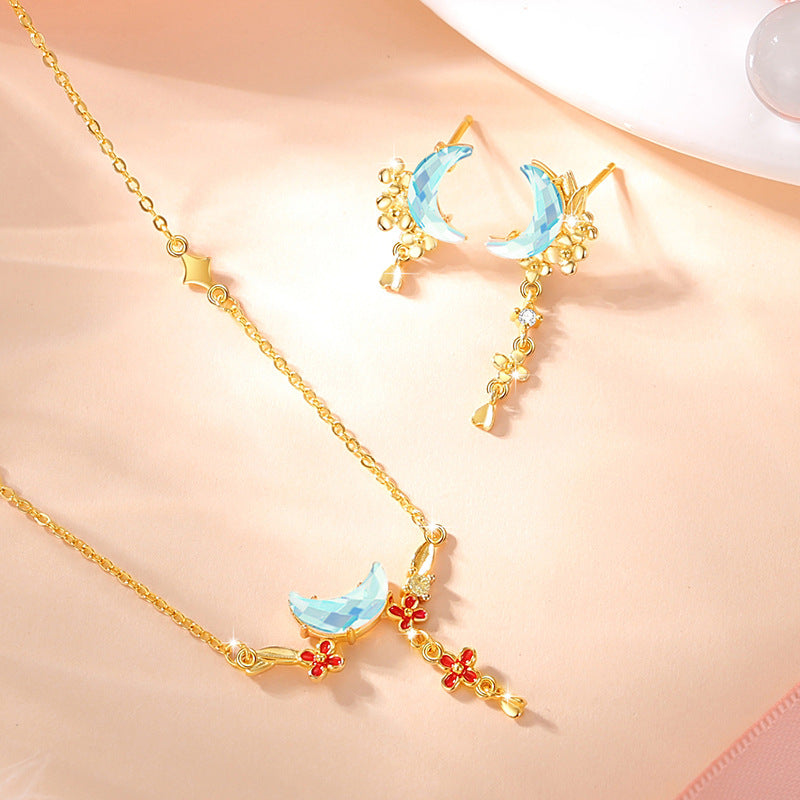 Moon Sterling Silver 925 Necklace Female Niche Design Light Luxury Glass Stone Clavicle Chain Ins Style Flower Tassel Pendant