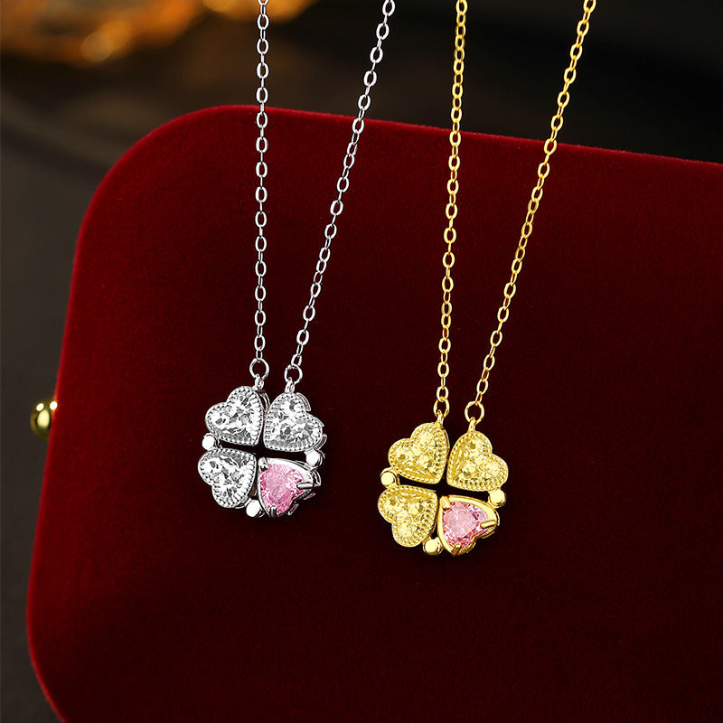 Broken Ice Craft S925 Sterling Silver Clover Necklace Women's Magnetic Suction Can Be Opened in One Two-Piece Love Clavicle Chain