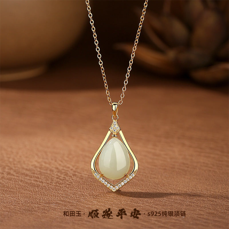 New Chinese Style Hetian Jade S925 Sterling Silver Necklace National Style Smooth Safe Water Drop Pendant for Elders Mother's Day Gift