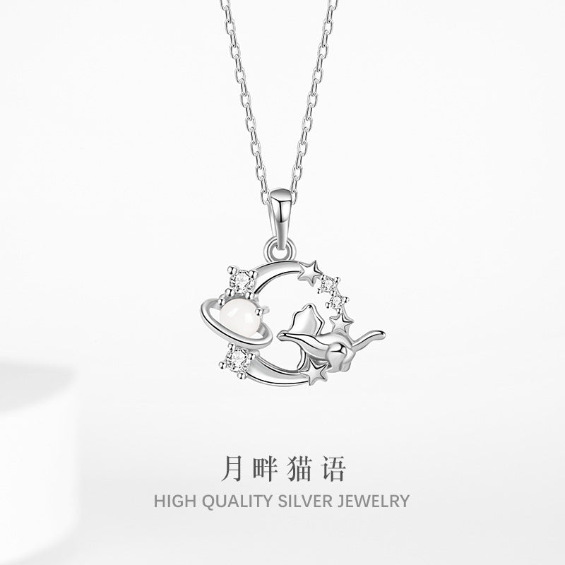 Original S925 Sterling Silver Moon Cat Necklace Female Inlaid White Agate Fashion Clavicle Chain Niche Ins Style Necklace