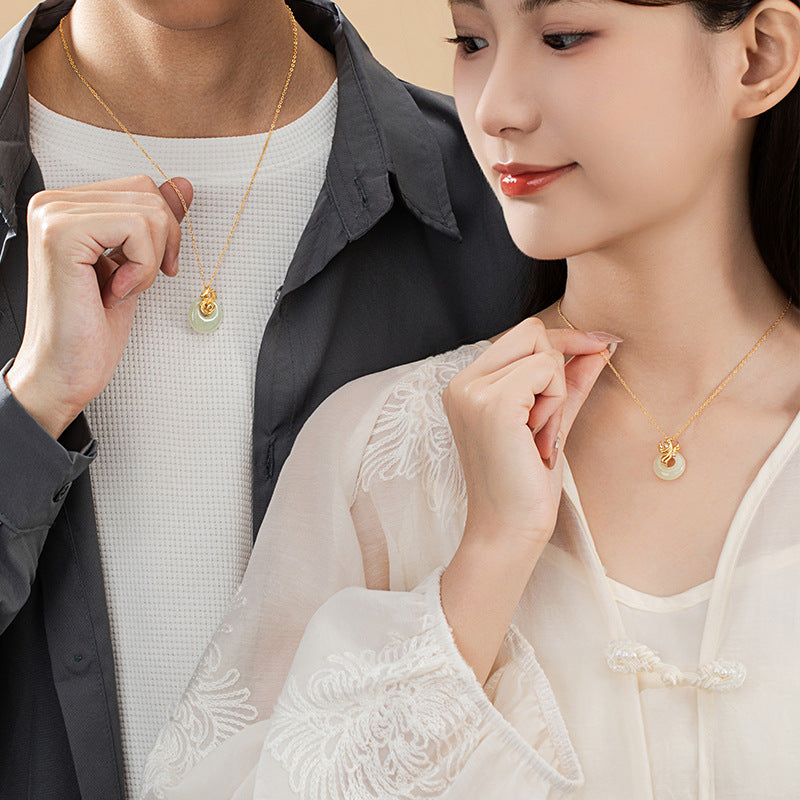 S925 Sterling Silver Couple Necklace New Chinese Style Niche Dragon and Phoenix Design High-Grade Hetian Jade Princess Buckle Lover Gift