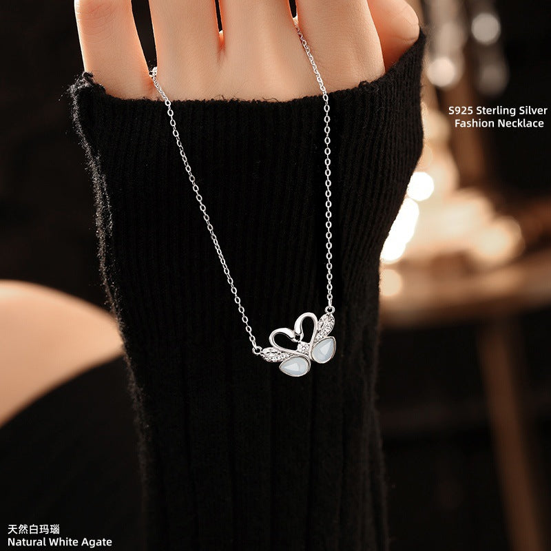 S925 Sterling Silver Natural White Agate Necklace Female Niche Design Sense Korean Gentle Style Clavicle Chain Double Swan Pendant
