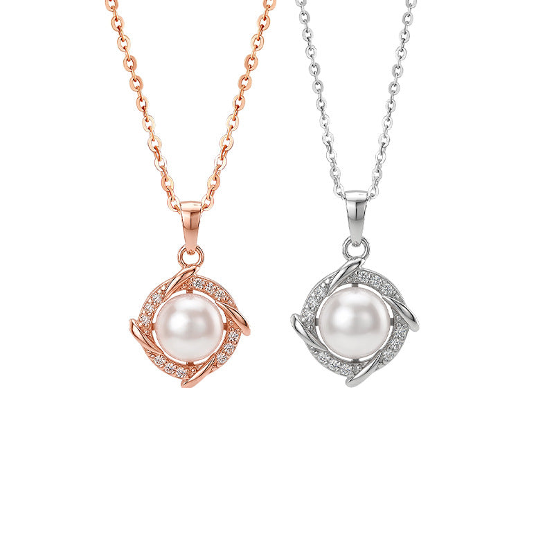 S999 Pure Silver Necklace Women's Rotating Windmill Freshwater Pearl Pendant Clover Light Luxury Temperament Gift Jewelry Wholesale