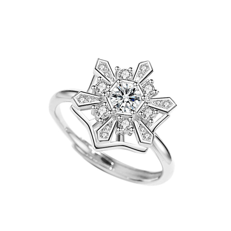 Snowflake Rotating Sterling Silver 925 Ring Female Niche Design Light Luxury Christmas Zircon Ring Ins Star Pair Ring