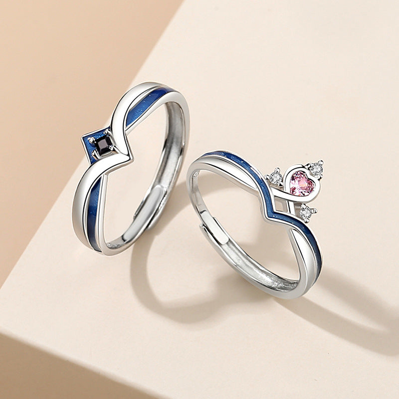 Princess and Knight Sterling Silver 925 Couple Ring Light Luxury High-Grade Love Ring Ins Style Crown Zircon Ring