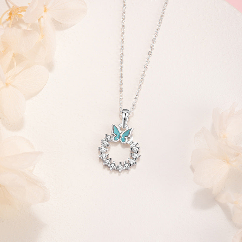 Butterfly Pure Silver 999 Luminous Necklace Female Sweet Cute Garland Zircon Clavicle Chain Small Red Book Same Pendant