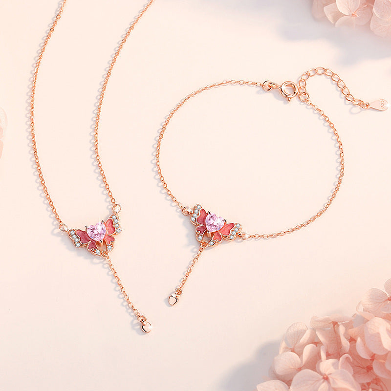 Butterfly Sterling Silver S925 Necklace Women's Fashion All-Match Pink Diamond Tassel Clavicle Chain Get Things Ins Style Love Pendant