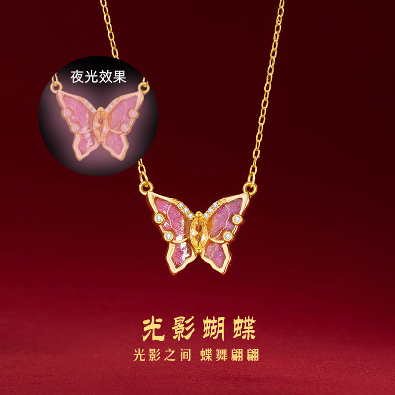 Luminous Butterfly S925 Sterling Silver Necklace Female Pink Purple Enamel Light Luxury Diamond-Embedded Clavicle Chain Dream Light Shadow Girl Style