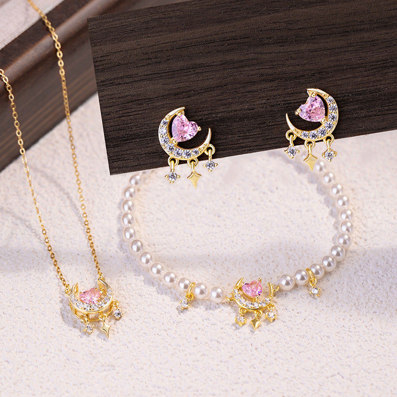 Lovely Sterling Silver 925 Necklace Niche Design Light Luxury Shijia Pearl Clavicle Chain Pink Moon Zircon Pendant