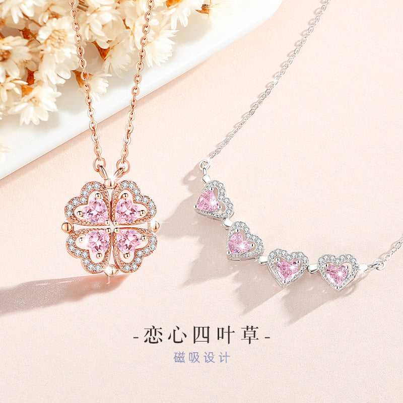 Lucky Clover Sterling Silver 925 Necklace Women's Fashion All-Match Magnetic Clavicle Chain Get Things Ins Style Love Pendant