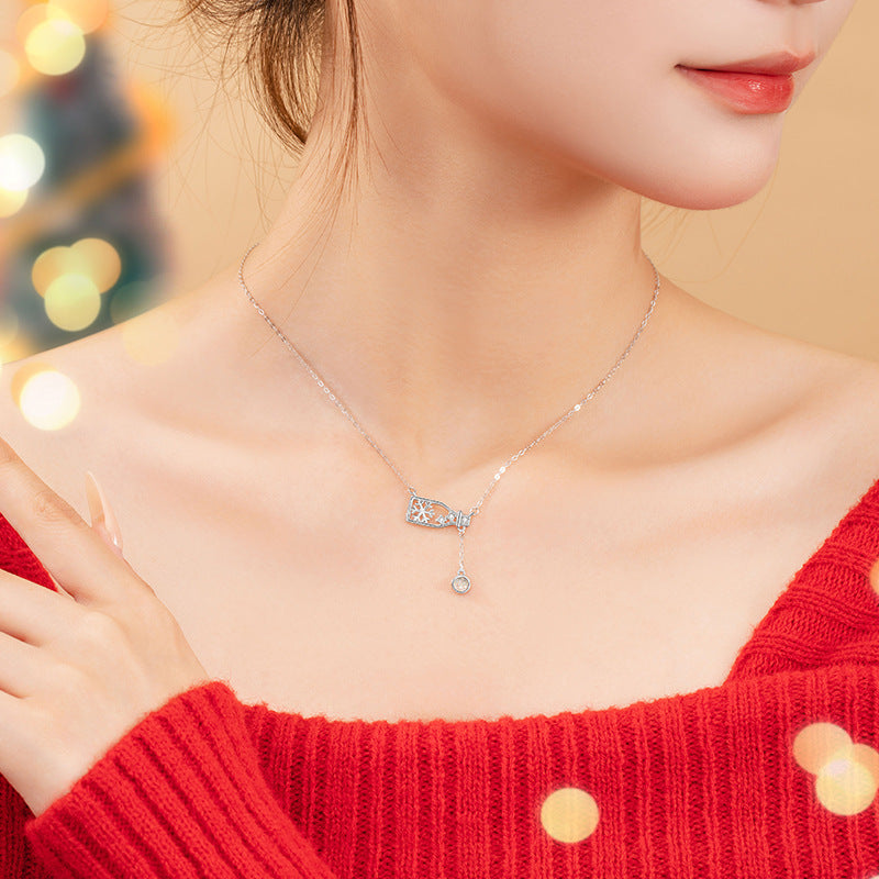 Snowflake Sterling Silver 925 Necklace Female Sweet Cute Style Glazed Stone Drifting Bottle Clavicle Chain Ins Christmas Pendant
