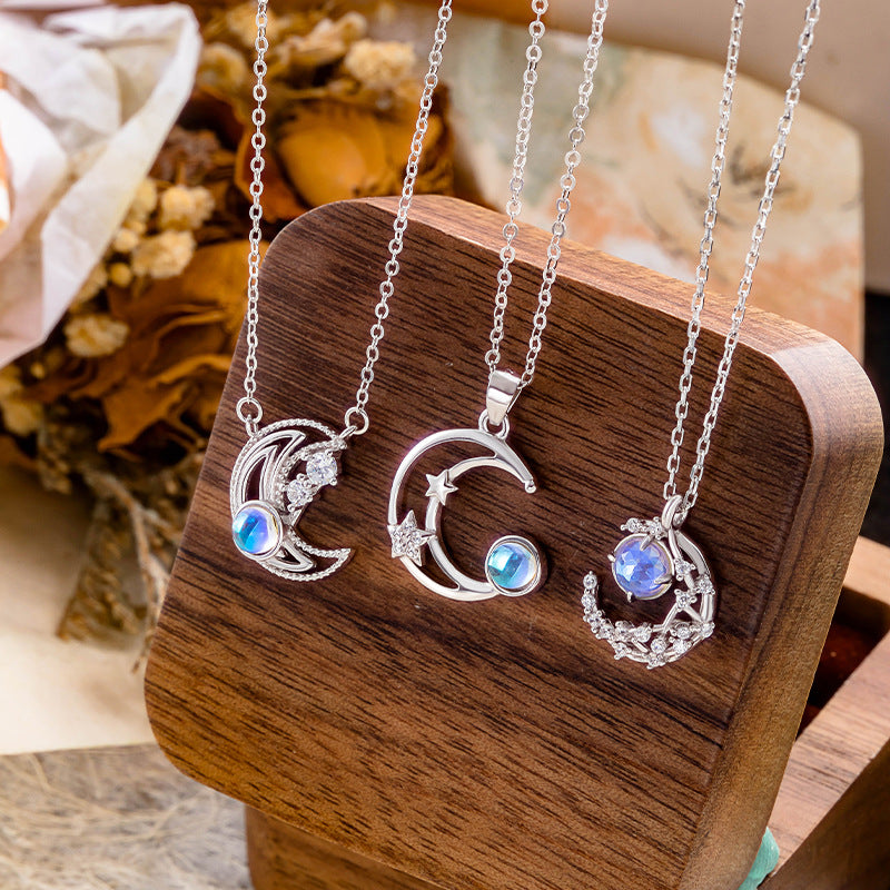 S925 Silver Original Design Star Moon Necklace Moonstone Starry Sky Stone Clavicle Chain Factory Wholesale Daily Jewelry Supply