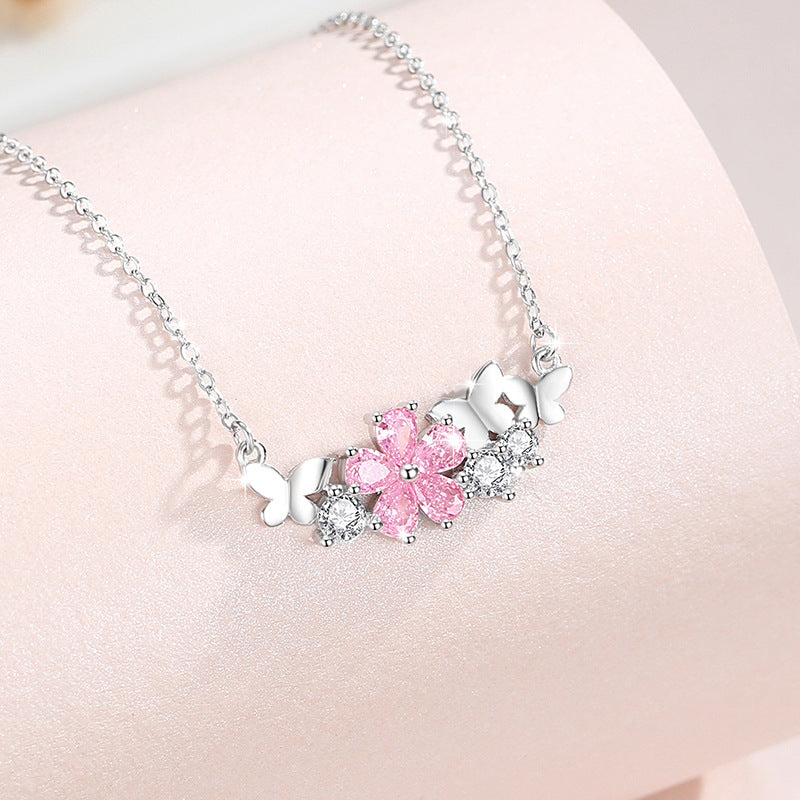 Cherry Blossom Sterling Silver 925 Necklace Female Niche Design Light Luxury Pink Diamond Clavicle Chain 520 Valentine's Day Butterfly Pendant