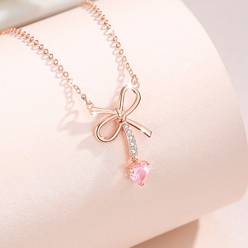 Bowknot Sterling Silver 925 Necklace Female Niche Design Light Luxury Pink Zircon Clavicle Chain Ins Style Love Pendant