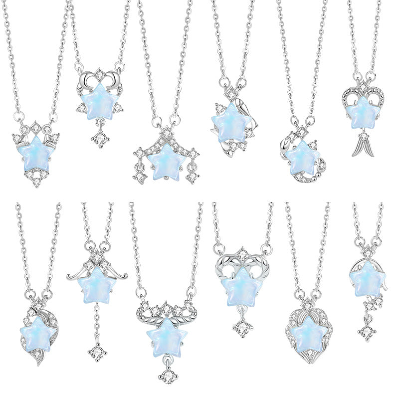 Twelve Constellation Sterling Silver 925 Necklace Female Niche Design Light Luxury Glass Stone Clavicle Chain Ins Style Star Pendant