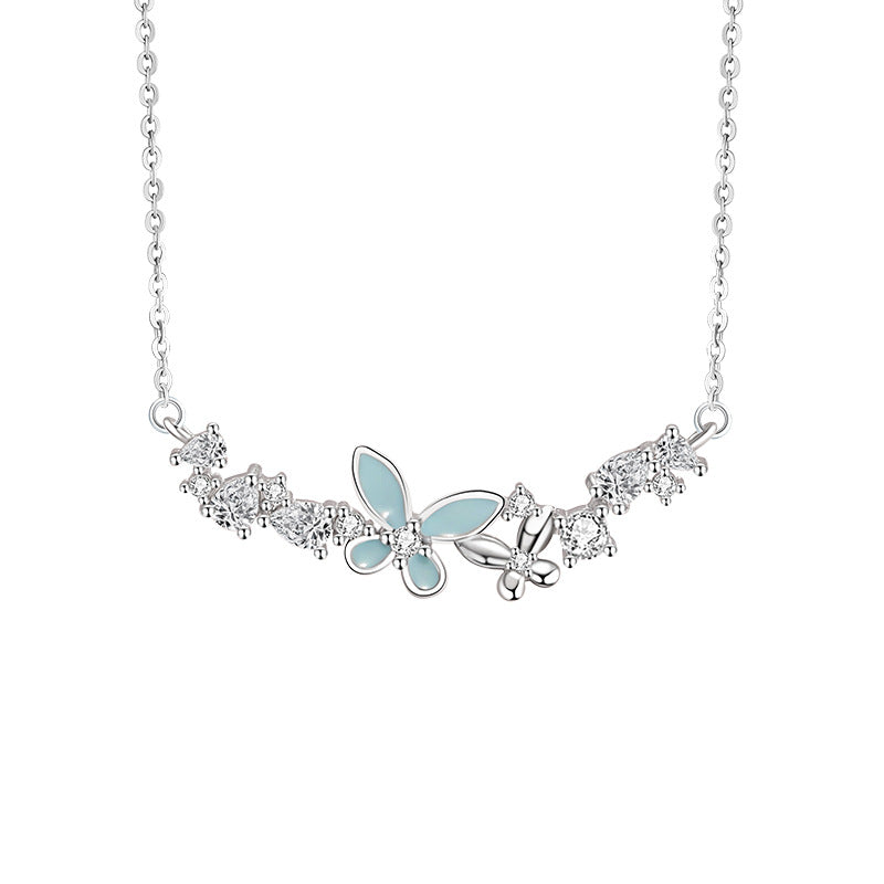 Butterfly Pure Silver 999 Luminous Necklace Female Niche Design Light Luxury Zircon Clavicle Chain Ins Style Star Pendant