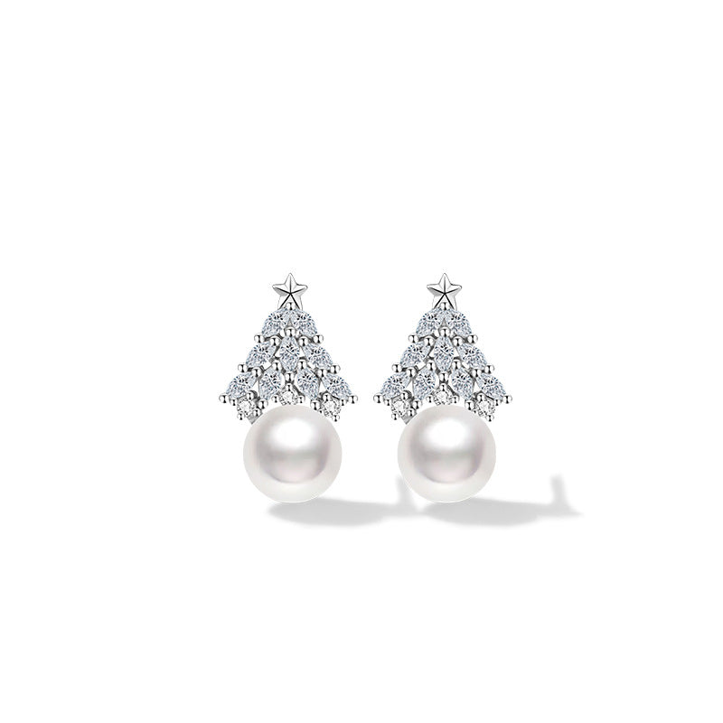 Christmas Tree Sterling Silver 925 Stud Earrings Female Niche Design Light Luxury Style Shijia Pearl Earrings Ins Style Star Earrings