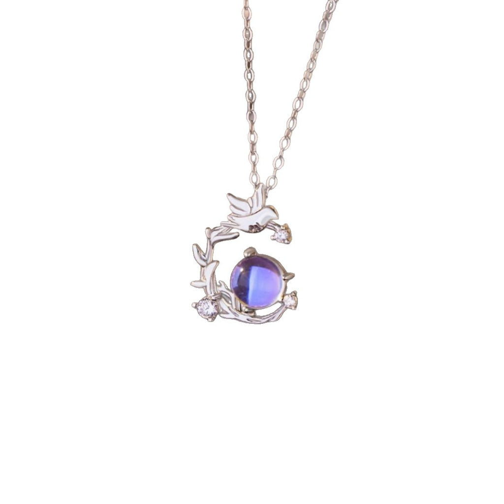 Blue Eucalyptus and Bird Sterling Silver 925 Necklace Women's Light Luxury High-Grade Glazed Stone Clavicle Chain Ins Valentine's Day Gift Pendant