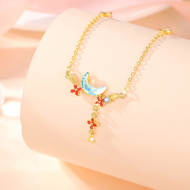Moon Sterling Silver 925 Necklace Female Niche Design Light Luxury Glass Stone Clavicle Chain Ins Style Flower Tassel Pendant