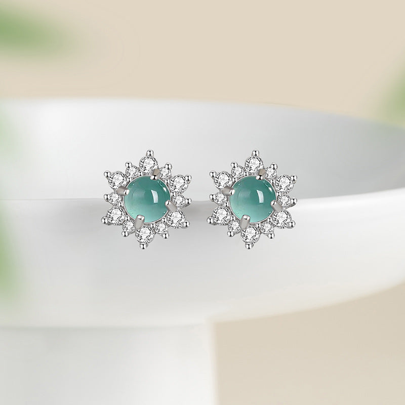 Sunflower Sterling Silver 925 Ring Women's Light Luxury High-Grade Natural Blue Water Dangerous Material Jade Earrings Ins Flower Earrings