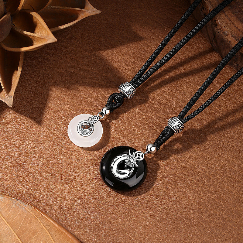 S925 Silver Necklace Longfeng Chengxiang Couple Safety Buckle Black Agate White Chalcedony Pendant Qixi Love Token Gift