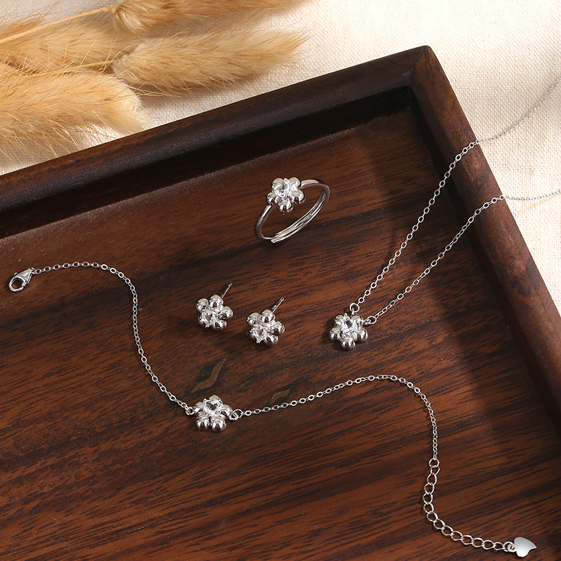 S925 Sterling Silver Five-Petal Flower Diamond Jewelry Set All-Match Flower Stud Earrings Necklace Bracelet Ring Valentine's Day Gift