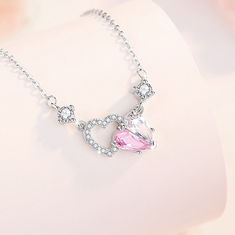 Heart-to-Heart Printed Sterling Silver 925 Necklace Female Niche Design Light Luxury Pink Diamond Clavicle Chain Ins Style Love Pendant