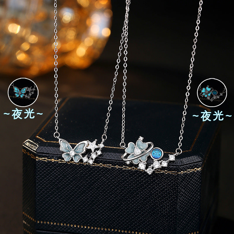 Niche Design Girl Style Silver S925 Sterling Silver Clover Necklace Female Mint Green Luminous Butterfly Clavicle Chain
