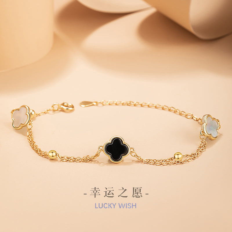 Lucky Clover Sterling Silver 925 Bracelet Female Niche Design Light Luxury Black Agate Bracelet Ins Style Flower Bracelet