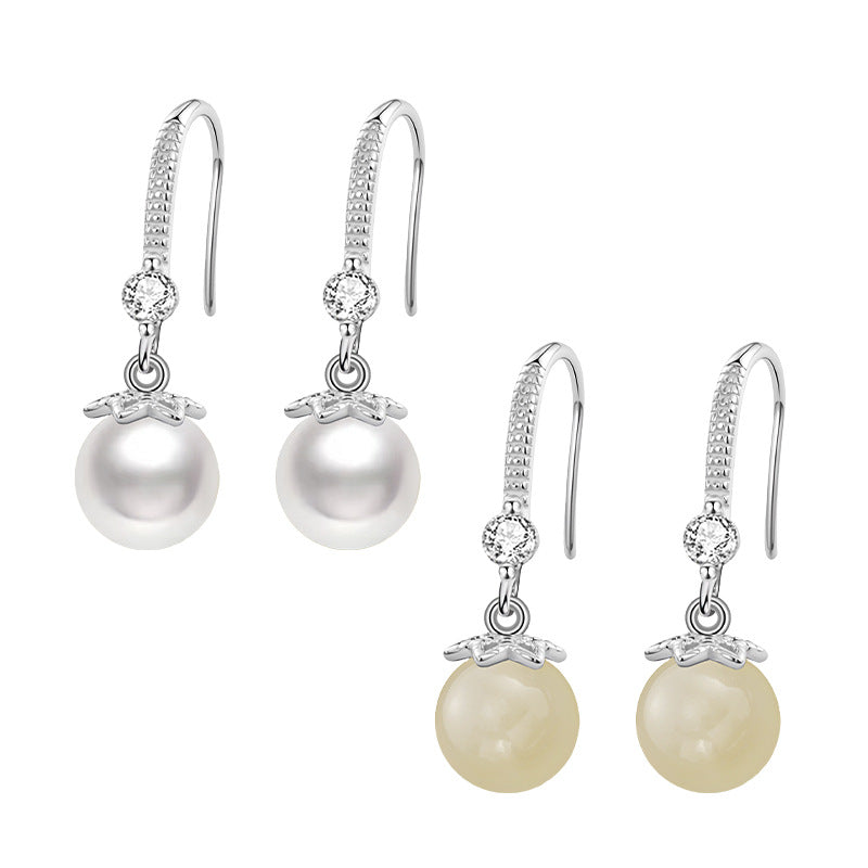 New Chinese Style S999 Pure Silver Pearl Hetian Jade Ear Hook High-Grade Petal Tassel Earrings Women's Light Luxury Commuter Earrings