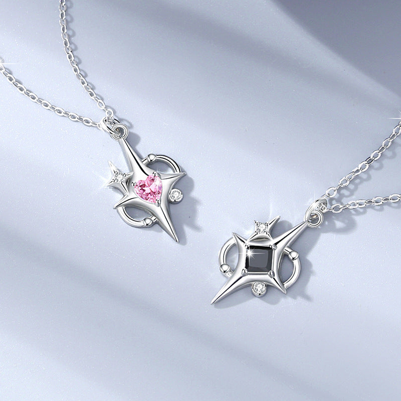 Star Sterling Silver 925 Couple Necklace Female Niche Design Light Luxury Pink Diamond Clavicle Chain Qixi Ins Love Pendant
