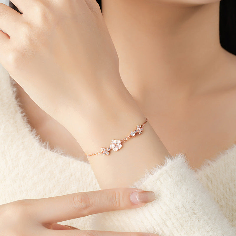 Sterling Silver Butterfly and Peach Blossom Bracelet – Zircon Accents