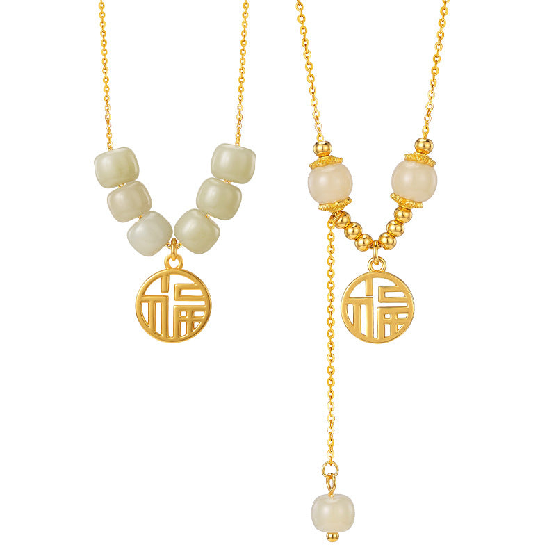 New Chinese Style Hetian Jade Lucky Brand S925 Sterling Silver Necklace Women's Double Tassel National Style Jade Clavicle Chain Silver Jewelry Factory
