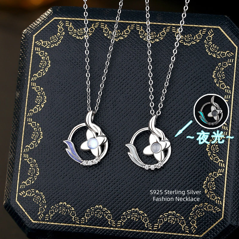 Sterling Silver S925 Necklace Natural White Agate Moonstone Pendant Niche Design Angel Wings Unicorn Clavicle Chain
