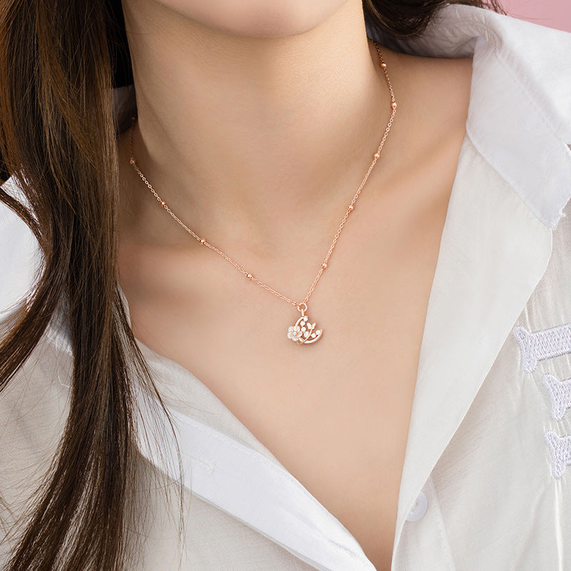 Flowers like Brocade Sterling Silver 925 Necklace Light Luxury Sweet Peach Blossom Shell Clavicle Chain Ins High-Grade Butterfly Pendant