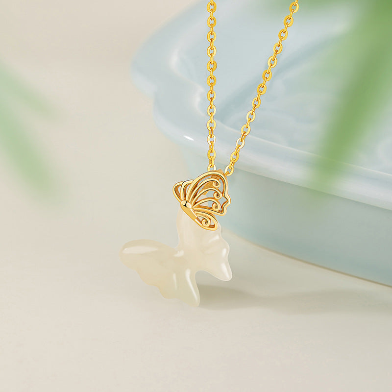 Butterfly Sterling Silver 925 Necklace Women's Light Luxury High-Grade Natural Hetian Jade Clavicle Chain Ins Style Gift Hollow Pendant