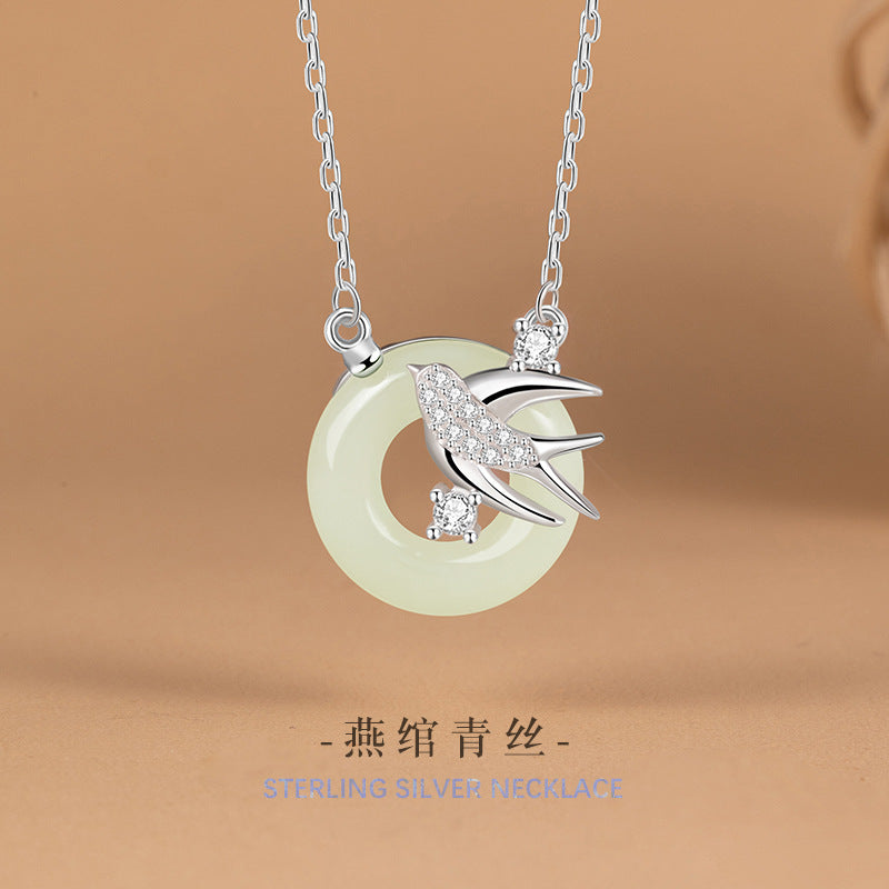 S925 Sterling Silver Natural White Jade Necklace Female Niche Swallow Design 520 Gift Live Delivery One-Piece Delivery