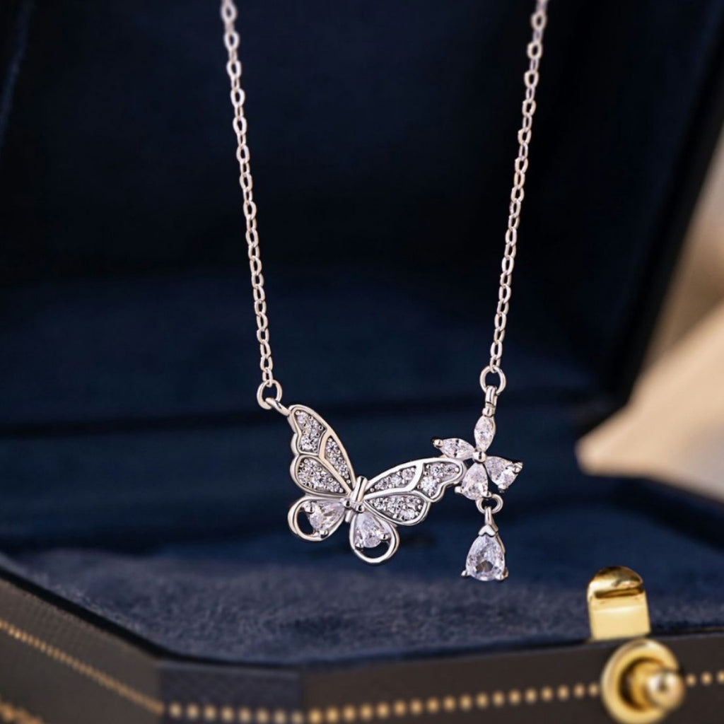 Butterfly Pure Silver 999 Necklace Female Niche Design Light Luxury Flower Zircon Clavicle Chain Small Red Book Same Pendant