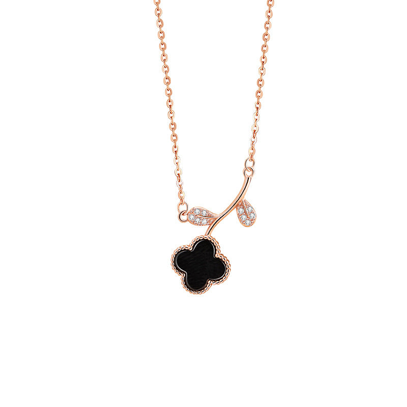 Lucky Clover Sterling Silver 925 Necklace Women's Fashion Versatile Black Agate Flower Clavicle Chain Ins Petal Pendant