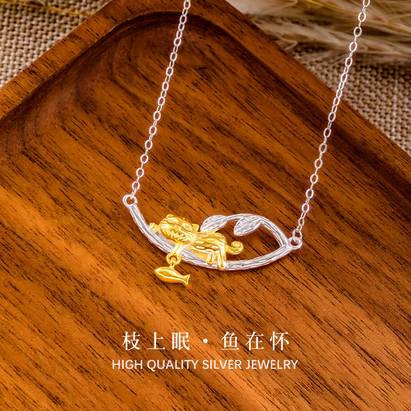 S925 Sterling Silver Necklace National Style Cat Two-Color Clavicle Chain Niche Design Sense All-Match Pendant Gift Commuter Silver Jewelry