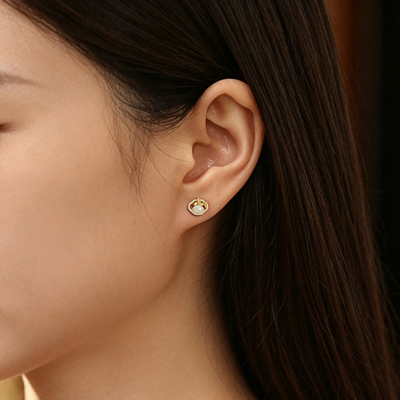 S925 Sterling Silver Hetian Jade Stud Earrings Women's New Chinese Style Ruyi Magnolia Vintage National Style Earrings Valentine's Day Gift