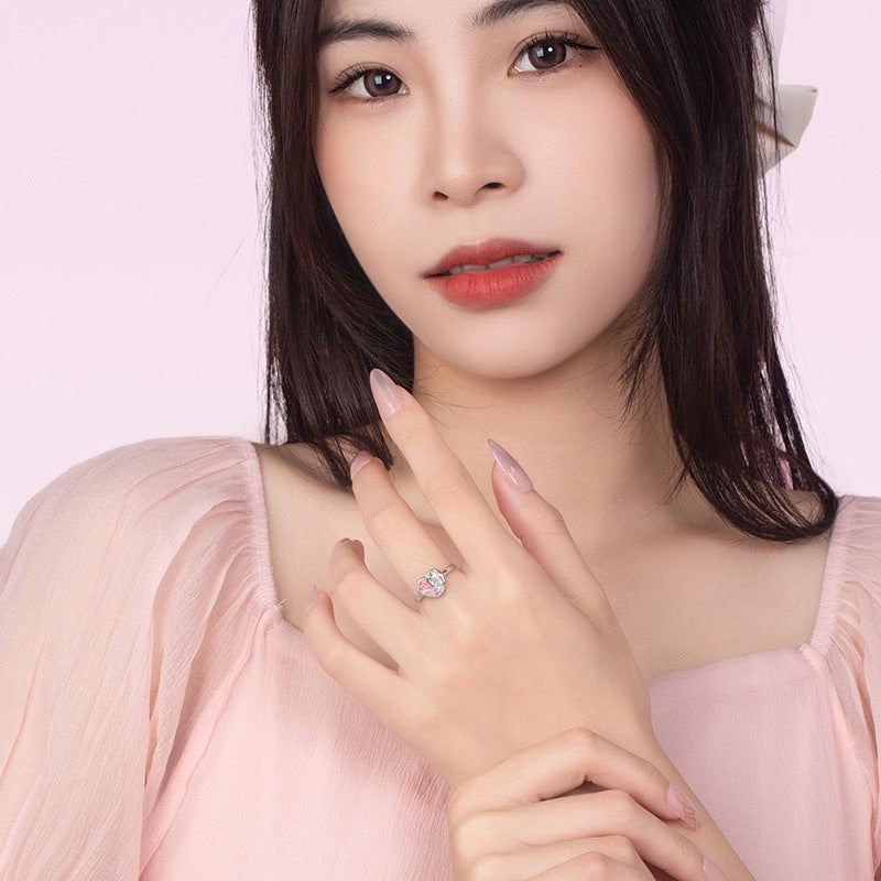 Lovely Sterling Silver 925 Ring Women's Fashion All-Match Pink Diamond Star Ring Qixi Things Ins Style Planet Ring